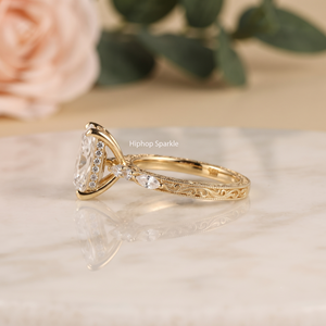 18K Yellow Gold Emerald Cut Moissanite <b>Ring</b> Marquise Side Stone Lab Grown <b>Diamond</b> Engagement <b>Ring</b> Vintage Filigree Band Exporter - Product Image 4