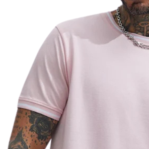 <b>Mens</b> Light <b>Pink</b> Slim Fit Crew Neck T <b>Shirt</b> With Contrast Rib Collar And Sleeve Trim Casual Short Sleeve Jersey Streetwear top - Product Image 3