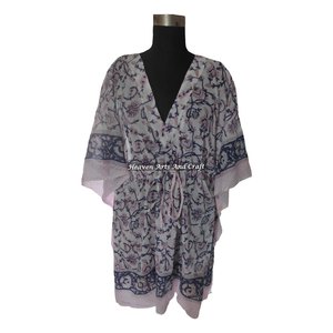 Robe Kaftan pour femmes en coton 100% - Imprimé à la main - KFCS190 - Légère - Vêtements décontractés pour femmes - Robes Kaftan courtes - Product Image 5