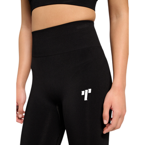 Women's <b>High</b> Waist Full Length Yoga Leggings Black Seamless With White Logo On Right Leg Heat Transfer Printing - Product Image 1
