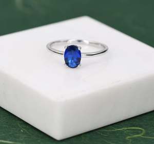 Bague ovale en saphir bleu CZ de 1 carat en argent sterling 925 plaqué or 14 carats, bijoux de fiançailles et de soirée - Product Image 2