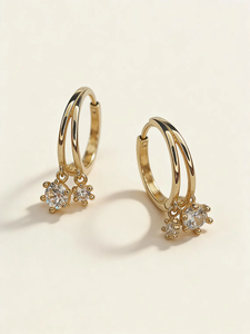 Pendientes de Aro de Oro Real de 14K con Diamantes Cultivados en Laboratorio, Color DEF, Claridad VVS2, Pendientes Huggie Pequeños con Colgante, Pendientes de Aro con Dijes - Product Image 1