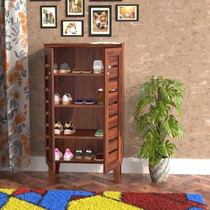 Furniture Woodcrony Wooden Small Shoe Rack with Door, Shoe Rack Cabinet Organizer with <b>Storage</b> - Sheesham Wood, Teak Finish - Product Image 2
