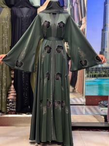 2026 New V Neck Long Sleeve Floor Length Modest Polyester Handmade <b>Flared</b> Hem Abaya Beaded Detail Women's Traditional Muslim - Product Image 3