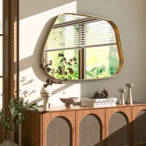 Irregular Shape Bamboo Wooden Wall Mirror Mid Century Modern Home Decor Living Room Nature Theme Accent Mirror Single Piece - Product Image 1