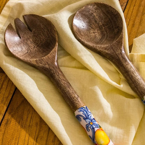 Cuillères à salade en bois avec manches imprimées de motifs floraux, ensemble d'ustensiles de service écologiques pour la table à manger - Product Image 5