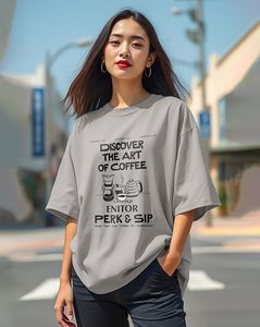 T-shirt ample pour femme avec imprimé artistique café, col rond, coupe décontractée, manches courtes, 100 % coton, printemps-été, tenue décontractée - Product Image 4