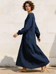 Women Navy Blue Cotton Maxi <b>Dress</b> O Neck Long Sleeve Loose Fit <b>Boho</b> Casual Flowy <b>Summer</b> <b>Dress</b> - Product Image 3