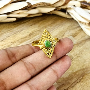 New Arrival Brass <b>Rings</b> Tribal <b>Turquoise</b> <b>Ring</b> Boho Brass Jewelry Women 18k Gold Plated Filigree Marquise For Wholesale/OEM/ODM - Product Image 2