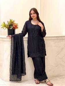 Ensemble Salwar Kameez Noir Brodé Premium avec Dupatta en Organza – Tenue de Soirée Longue pour Femme, Séchage Rapide, Vente en Gros - Product Image 3