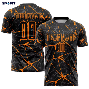Camiseta de Fútbol Personalizada Negra con Patrón de Grietas Naranjas, Sublimada, Transpirable, Ajustada, de Manga Corta y Cuello Redondo para Adultos - Product Image 1