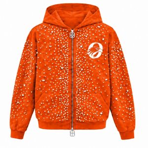 Bright Orange Pearl <b>Zip</b>-Up <b>Hoodie</b> Pearl Studded Streetwear Winter Jacket Long Sleeve Casual Oversized Fleece Front <b>Pockets</b> - Product Image 1