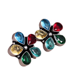 ARTS JEWELS Pendientes de Flor con Circonitas Multicolor para Mujer, de Latón Oxidado Plateado |   Joyería de Regalo con Diseño Floral Tribal Bohemio - Product Image 1