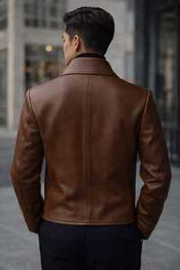 Men's Brown Genuine Leather Double Breasted <b>Jacket</b> Turn-down Collar Slim Fit Windproof Winter Outerwear <b>Smart</b> Casual - Product Image 2