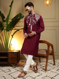 <b>Men</b> Maroon Embroidered <b>Kurta</b> With White Pyjama Regular Fit Traditional Indian Pakistani Wedding Wear Knee-Length - Product Image 2