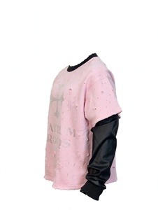 Custom <b>Men</b> Distressed <b>Pink</b> Long Sleeve <b>T</b> <b>Shirt</b> Rhinestone Cross Graphic Leather Sleeve Double Layer Crewneck Oversized Vintage - Product Image 5
