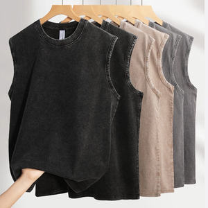 Débardeur sans manches en coton lavé pour homme, col rond, style décontracté uni, grande taille - Product Image 4