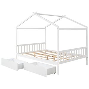 Letto a piattaforma matrimoniale bianco con testiera e pediera a due cassetti, design unico a tetto per bambini - Product Image 5