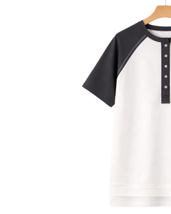 Women White Black Raglan Sleeve Henley T Shirt Cotton Blend Short Sleeve Casual Summer <b>Top</b> Comfortable Lightweight Tee Wear - Product Image 3