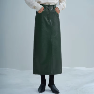 Falda recta vintage bordada de cintura alta con abertura amplia para mujer, de cuero genuino encerado, hasta la rodilla, antiarrugas - Product Image 3