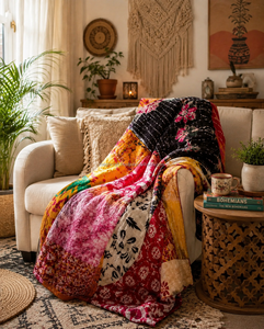 Edredón Kantha de Algodón Indio con Diseño Floral, Manta Kantha Bellamente Elaborada, Cómoda y Elegante, Disponible para Exportación a Granel - Product Image 2