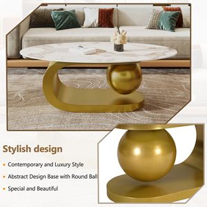 Tavolino da Caffè Ovale Moderno con Base in Acciaio Inox Dorato e Piano in Pietra Sinterizzata Effetto Marmo 120 cm per Soggiorno - Product Image 5