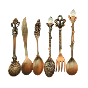 Juego de Cubiertos de Lujo de 6 Piezas Estilo Vintage, Cuchara de Café de Cobre Antiguo, Cuchara de Postre con Cabeza de Cristal, Tenedor Pequeño, Cucharilla de Té para Cocina - Product Image 1