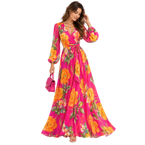 Robe décontractée pour femmes, imprimé floral, grande taille, manches à volants, décolleté en V, détail nœud, printemps/été, respirante, vente en gros - Product Image 1