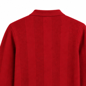 Bright <b>Red</b> Mens <b>Long</b> <b>Sleeve</b> Knit Polo Shirt Textured Stripe Design Ribbed Cuffs Casual Pullover Premium Fashion <b>Top</b> - Product Image 4