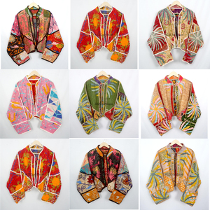 100% Cotton <b>Kantha</b> Reversible <b>Jacket</b> Coat Handmade Floral Printed Open <b>Jacket</b> Hand Quilted Detail Non Woven Knitted Process - Product Image 1