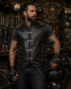 <b>Men's</b> Genuine <b>Leather</b> Motorcycle Vest Stand Collar Moto Biker <b>Jacket</b> With Zippers And Buckle Closure - Product Image 1