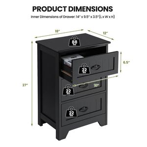 3-Drawer Wood <b>Side</b> End Storage Nightstand - Product Image 6