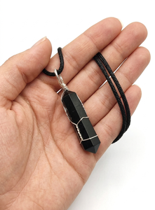 Collier en pierre d'obsidienne hexagonale pointue, double pendentif en tourmaline noire naturelle, enroulé de fil, pour la fabrication de bijoux (vente en gros) - Product Image 3