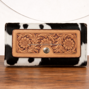 Women's Black Tooled Leather Clutch Carved Leather Hair On Hide <b>Wallet</b>/Clutch Personalizes Western Cowgirl Purse Gift For Her - Product Image 2