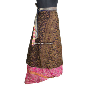 New Ladies Summer Below the <b>Knee</b> Wrap Skirts Women Wear Vintage Silk Sari Long Length Wrap Around Skirt 2 Layer Reversible Cover - Product Image 3