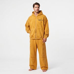 Conjunto Deportivo para Hombre, Sudadera con Capucha y Pantalones Jogger, Estilo Desgastado, Felpa de Algodón, Cierre Completo, Hombros Caídos, Corte Holgado, Logotipo Personalizado - Product Image 2