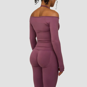 210 Gsm Custom Lightweight Off Shoulder Ribbed Material Women's Athletic Activewear Yoga <b>Long</b> Sleeve Thumb Hole Shirt - Product Image 2