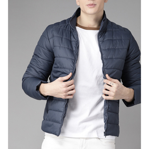 Men's Navy Blue <b>Slim</b> <b>Fit</b> Puffer <b>Jacket</b> Stand Collar Zipper Closure Windproof Casual Autumn Wear Regular Length Polyester Wadding - Product Image 1