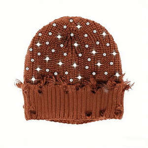 OEM 2026 Warm Custom Embroidered logo Pattern Rhinestone Distressed Hem <b>Knitted</b> Hat Custom Logo Rhinestone Knit <b>Beanie</b> - Product Image 4