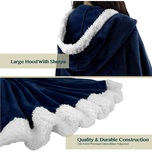 <b>Wearable</b> <b>Blanket</b> Hooded Plush Navy Blue With White Trim Classic Style Soft Cozy One Piece Covering Sleepwear - Product Image 3