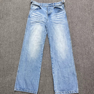 Jean en coton de haute qualité pour homme, nouveau modèle du fabricant, coupe droite déchirée, avec boutons décoratifs, style délavé et patchwork, jambe large - Product Image 3