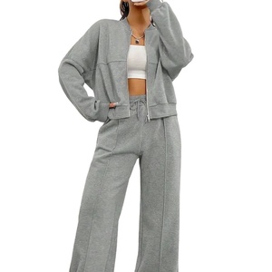 Conjunto de sudaderas con capucha y cremallera recortada de lana de poliéster y algodón 100% de longitud de manga completa para mujer bordado o estampado con hombros caídos - Product Image 1