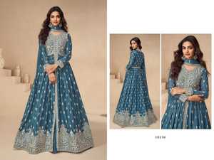Robe Anarkali Salwar Kameez pour femme, style indien pakistanais, bleue, brodée, longue, coupe trapèze, en satin, séchage rapide, avec dupatta - Product Image 2
