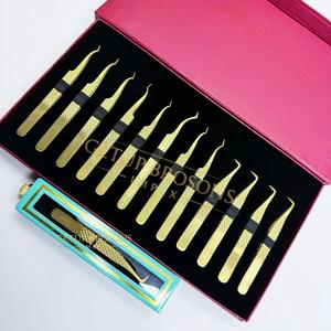 GETUP BROSONS – Kit de pinces à cils en acier inoxydable plaqué or, pointe de précision lisse, prise diamantée, 10 mm, 10 pièces, emballage boîte - Product Image 5