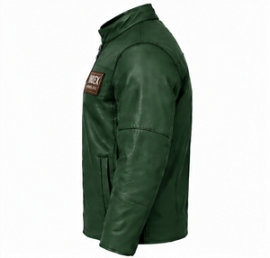 Chaqueta de Cuero Sintético Verde para Hombre, Estilo Motero, Cuello Alto, Cierre de Cremallera, Logotipo Grabado, Estilo Moto, para Otoño - Product Image 3