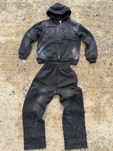 Custom Rhinstrone logo Oversized Dtg Baggy <b>Flared</b> Wide Leg Hoodie Set Zip up Boxy Hoodie Two Pieces Set <b>Men</b> Acid Wash Tracksuit - Product Image 4