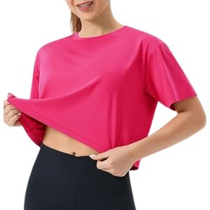 Hot Pink Oversized Women Yoga Crop Tops Cotton Blend Drop Shoulder Soft Touch Wholesale Garments - Product Image 3