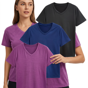 Ensemble de t-shirts pour femmes à col en V, manches courtes, couleur unie, séchage rapide, coupe régulière, jersey décontracté, 100% polyester, couleurs noir, bleu, violet - Product Image 4