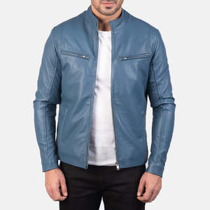 Chaqueta de Cuero Azul para Hombre, Cuello Alto, Cierre de Cremallera, Estilo Motociclista, Corte Ajustado, Largo Regular, Color Sólido, para Otoño - Product Image 5