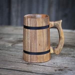 Wooden Beer Mug With Laser Engraved Boar Design Classic Handle Vintage Style Bar Accessory - Product Image 2